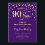 Surprise 90th Birthday Party - Purple Gold Invitation<br><div class="desc">Surprise 90th Birthday Party Invitation.
Elegant design in royal purple and faux glitter gold . Features script font and diamonds confetti. Cheers to 90 Years! Message me if you need further customization.</div>