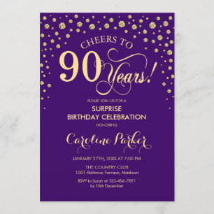 Surprise 90th Birthday Party - Purple Gold Invitation