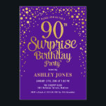 Surprise 90th Birthday Party - Purple & Gold Invitation<br><div class="desc">Surprise 90th Birthday Party Invitation.
Elegant design in royal purple and faux glitter gold. Features stylish script font and confetti. Message me if you need custom age.</div>