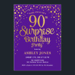 Surprise 90th Birthday Party - Purple & Gold Invitation<br><div class="desc">Surprise 90th Birthday Party Invitation.
Elegant design in royal purple and faux glitter gold. Features stylish script font and confetti. Message me if you need custom age.</div>