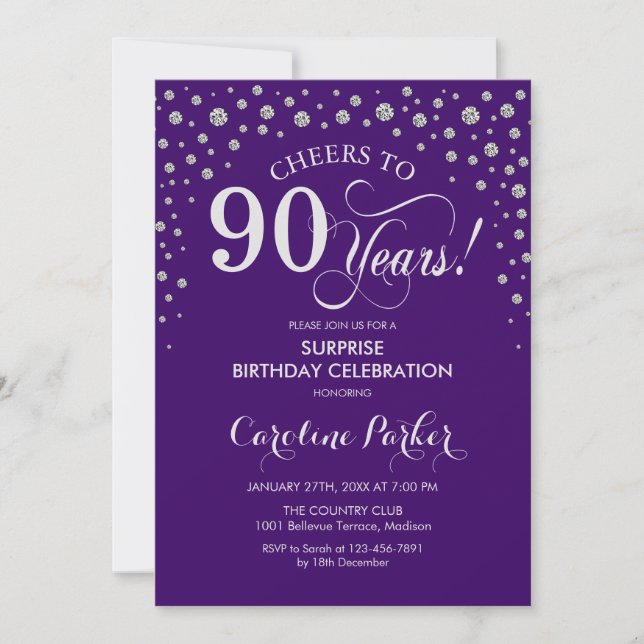 Surprise 90th Birthday Party - Purple Silver Invitation (Front)