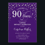 Surprise 90th Birthday Party - Purple Silver Invitation<br><div class="desc">Surprise 90th Birthday Party Invitation.
Elegant design in purple and faux glitter silver. Features script font and diamonds confetti. Cheers to 90 Years! Message me if you need further customization.</div>