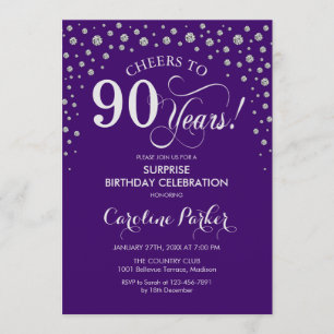 Surprise 90th Birthday Party - Purple Silver Invitation