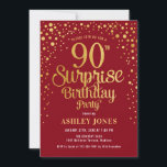 Surprise 90th Birthday Party - Red & Gold Invitation<br><div class="desc">Surprise 90th Birthday Party Invitation.
Elegant design in dark red and faux glitter gold. Features stylish script font and confetti. Message me if you need custom age.</div>