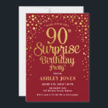 Surprise 90th Birthday Party - Red & Gold Invitation<br><div class="desc">Surprise 90th Birthday Party Invitation.
Elegant design in dark red and faux glitter gold. Features stylish script font and confetti. Message me if you need custom age.</div>