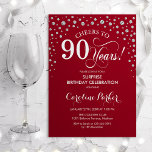 Surprise 90th Birthday Party - Red Silver Invitation<br><div class="desc">Surprise 90th Birthday Party Invitation.
Elegant design in red and faux glitter silver. Features script font and diamonds confetti. Cheers to 90 Years! Message me if you need further customization.</div>