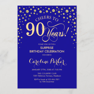 Surprise 90th Birthday Party - Royal Blue Gold Invitation
