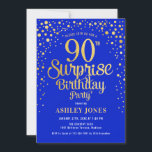 Surprise 90th Birthday Party - Royal Blue & Gold Invitation<br><div class="desc">Surprise 90th Birthday Party Invitation.
Elegant design in royal blue and faux glitter gold. Features stylish script font and confetti. Message me if you need custom age.</div>