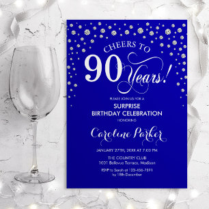 Surprise 90th Birthday Party - Royal Blue Silver Invitation