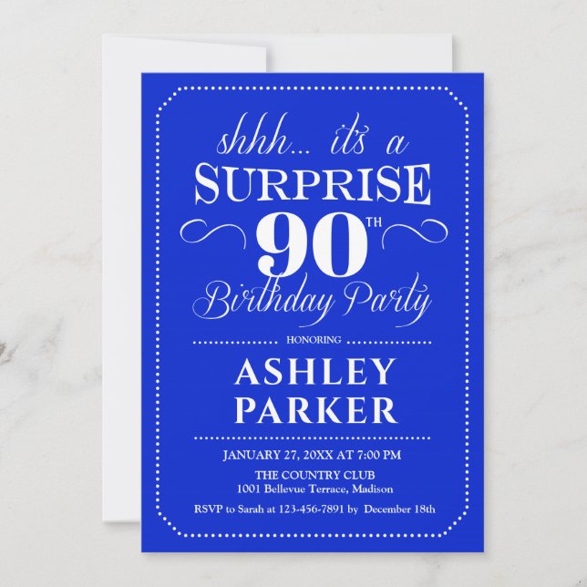 Surprise 90th Birthday Party - Royal Blue White Invitation (Front)