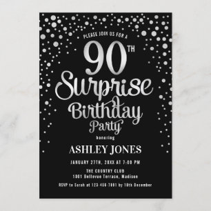 Surprise 90th Birthday Party - Silver & Black Invitation