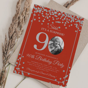 SURPRISE 90th Birthday Party Silver Confetti Red  Invitation