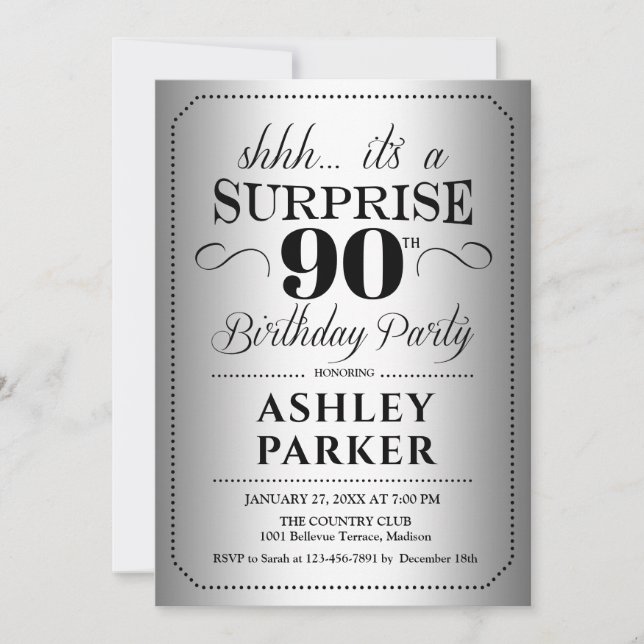 Surprise 90th Birthday Party - Silver Invitation (Front)