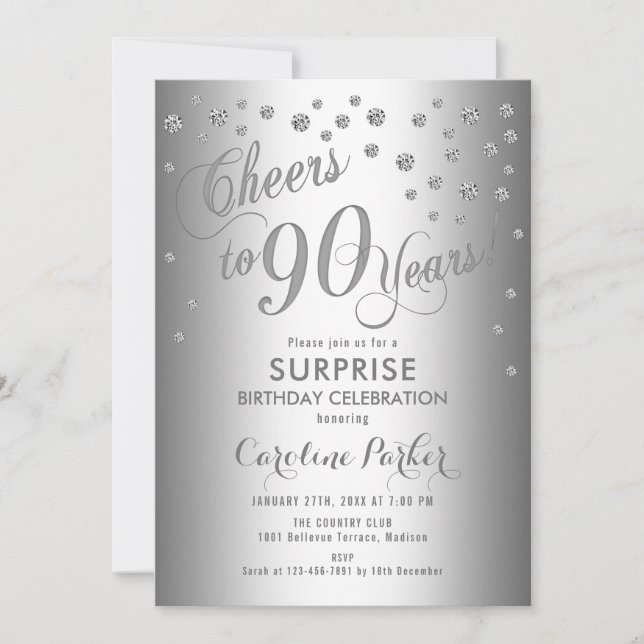 Surprise 90th Birthday Party - Silver Invitation (Front)