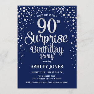 Surprise 90th Birthday Party - Silver & Navy Blue Invitation
