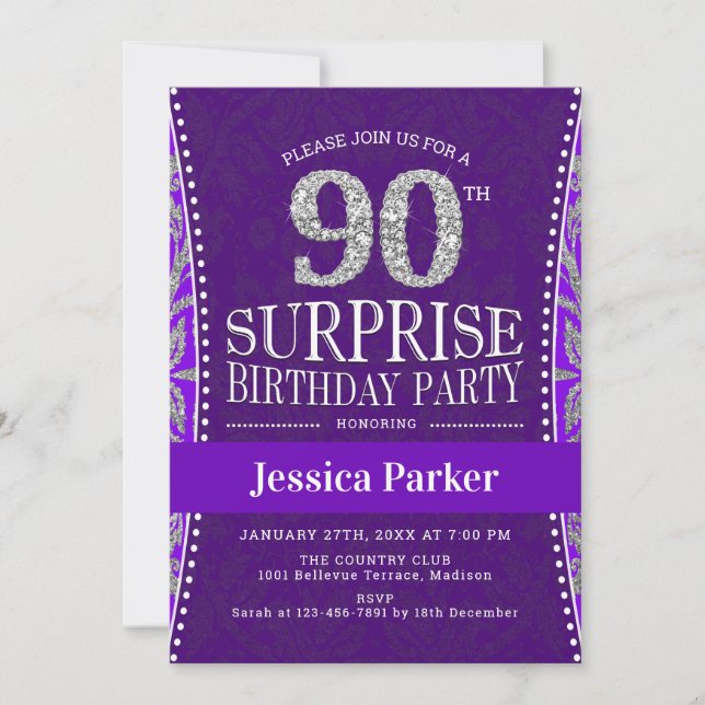 Surprise 90th Birthday Party - Silver Purple Invitation (Front)