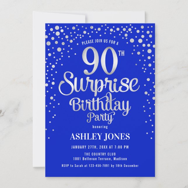 Surprise 90th Birthday Party - Silver & Royal Blue Invitation (Front)