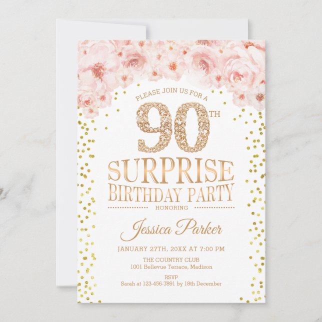 Surprise 90th Birthday Party - White Gold Pink Invitation (Front)