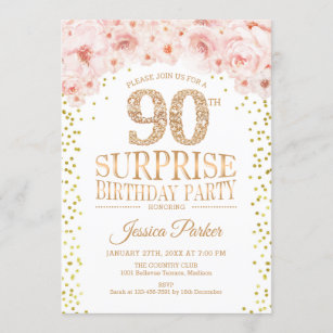 Surprise 90th Birthday Party - White Gold Pink Invitation