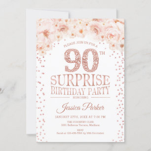Surprise 90th Birthday Party - White Rose Gold Invitation