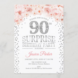Surprise 90th Birthday Party - White Silver Pink Invitation