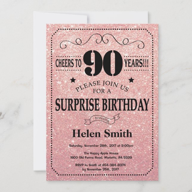 Surprise 90th Birthday Pink Rose Gold Glitter Invitation (Front)