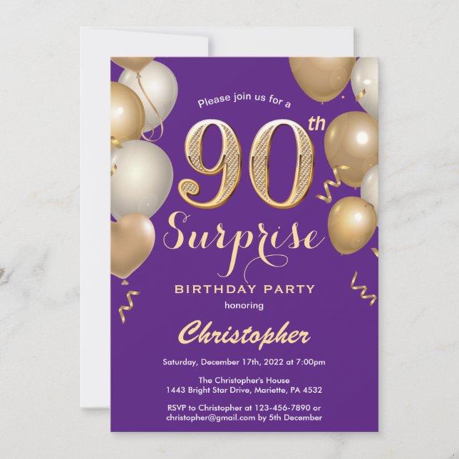 Surprise 90th Birthday Purple and Gold Balloons Invitation (Front)