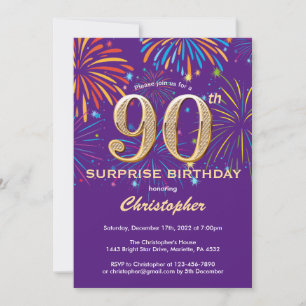 Surprise 90th Birthday Purple and Gold Firework Invitation