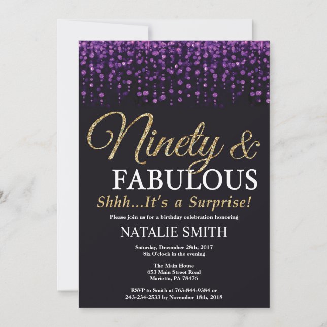 Surprise 90th Birthday Purple and Gold Glitter Invitation (Front)