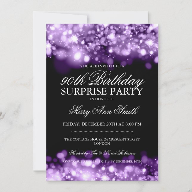 Surprise 90th Birthday Purple Sparkling Lights Invitation (Front)