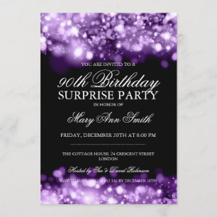Surprise 90th Birthday Purple Sparkling Lights Invitation