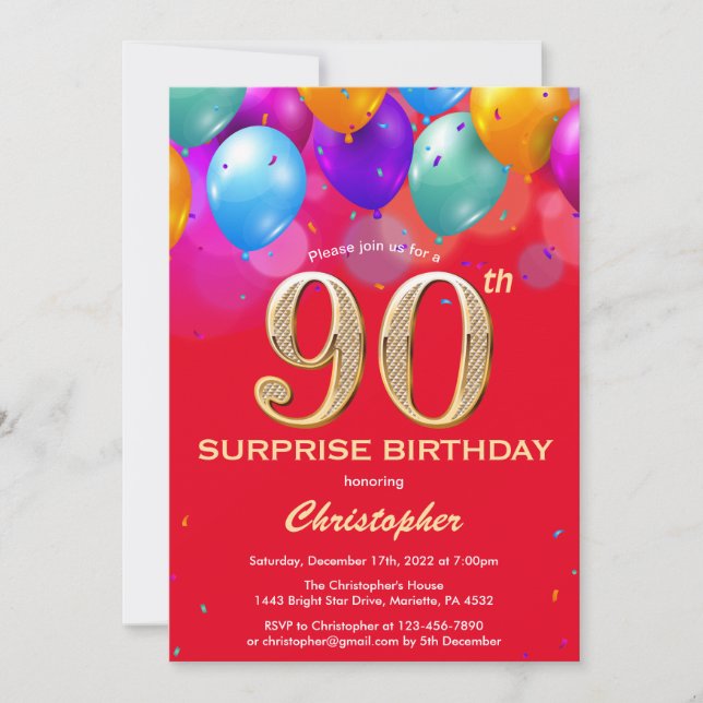 Surprise 90th Birthday Red and Gold Balloons Invitation (Front)
