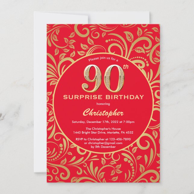 Surprise 90th Birthday Red and Gold Floral Invitation (Front)