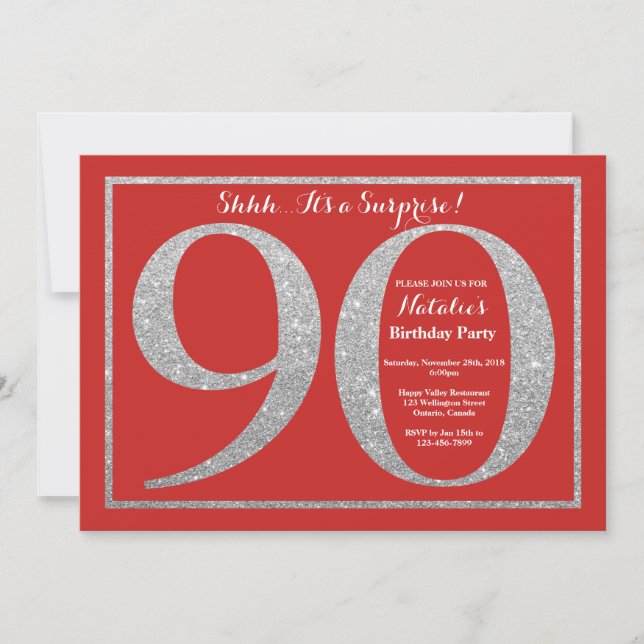 Surprise 90th Birthday Red and Silver Glitter Invitation (Front)