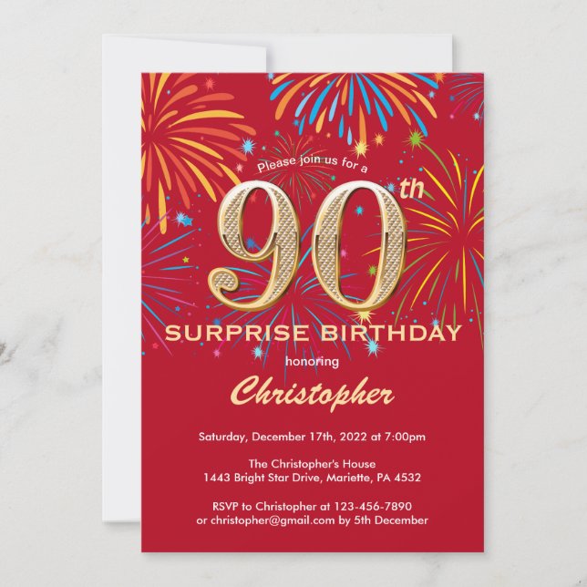 Surprise 90th Birthday Red & Gold Rainbow Firework Invitation (Front)