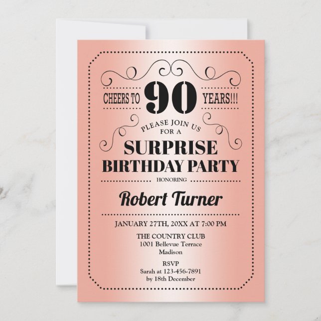 Surprise 90th Birthday - Rose Gold Black Invitation (Front)