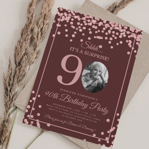 SURPRISE 90th Birthday Rose Gold Confetti Burgundy Invitation