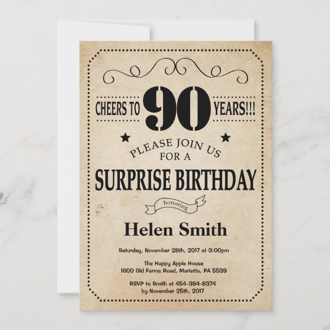 Surprise 90th Birthday Rustic Vintage Retro Invitation (Front)