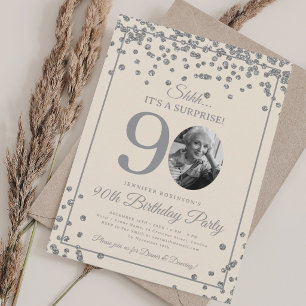 SURPRISE 90th Birthday Silver Confetti Champagne Invitation