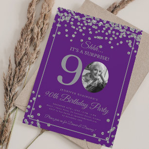 SURPRISE 90th Birthday Silver Confetti Purple  Invitation