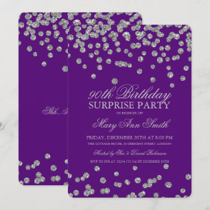 Surprise 90th Birthday Silver Glitter Purple Invitation