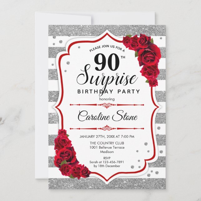 Surprise 90th Birthday - Silver White Red Invitation (Front)