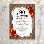 Surprise 90th Birthday - Sunflowers Rustic Wood Invitation<br><div class="desc">Surprise 90th Birthday Invitation.
Feminine rustic black,  white,  red design with faux glitter gold. Features wood pattern,  red roses,  sunflowers,  script font and confetti. Perfect for an elegant birthday party. Can be personalized to show any age. Message me if you need further customization.</div>