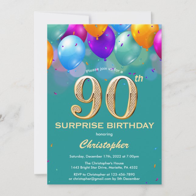 Surprise 90th Birthday Teal and Gold Balloons Invitation (Front)