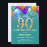 Surprise 90th Birthday Teal and Gold Balloons Invitation<br><div class="desc">Surprise 90th Birthday Teal and Gold Colourful Balloons and Confetti Invitation. For further customisation,  please click the "Customise it" button and use our design tool to modify this template.</div>