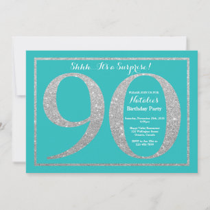 Surprise 90th Birthday Teal and Silver Glitter Invitation