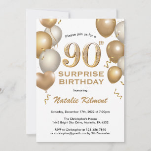 Surprise 90th Birthday White and Gold Balloons Invitation