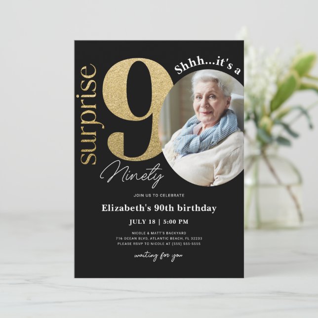 Surprise 90th Black Gold Birthday Invitation Photo (Standing Front)