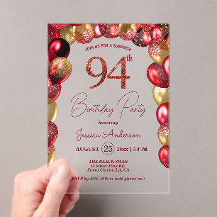 Surprise 94th Birthday Party Gold Burgundy Glitter Acrylic Invitations
