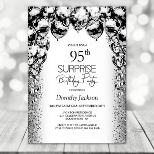 Surprise 95th Birthday Black White Balloons Party Invitation
